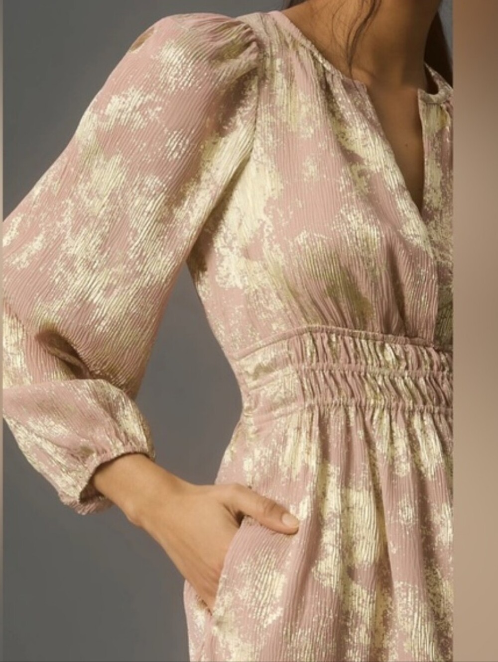By Anthropologie Shimmery Pink Midi Dress - Gold Floral Accents - With Pockets_S - Picture 4 of 11